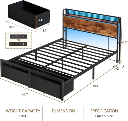 Image of Furnulem Queen Size Bed Frame with Headboard Storage, Platform Bed Frame Queen Size with 2 Drawers, Charging Station and LED Lights, No Box Spring Needed, Noise Free, Easy Assembly (1200 lbs Capacity)