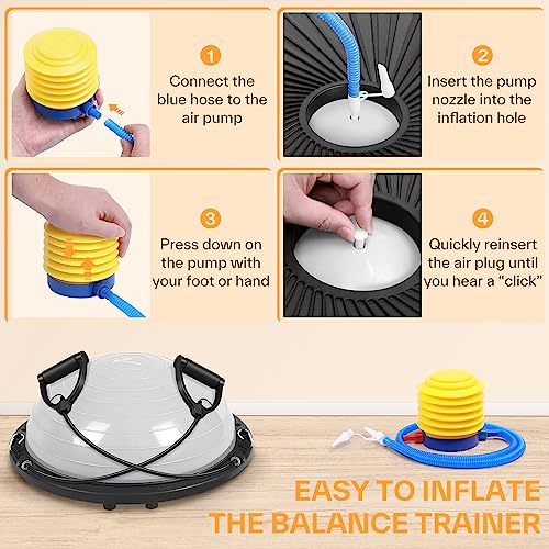 Sportneer Balance Ball Trainer with Resistance Bands and Pump - Inflatable Half Yoga Ball for Home Gym Full-Body Workouts - 23 Inch Non-Slip Half Exercise Ball for Core Strength Training, 350lb Cap