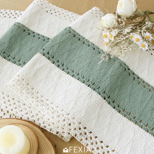 Image of FEXIA Sage Green Table Runner 72 Inches Long with Tassels Boho for Summer Home Decor Rustic Macrame Farmhouse Table Cover for Wedding Party Bohemian Bridal Shower Dining Decorations(12x72 Inches)