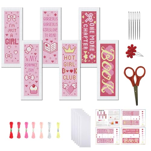 FREEBLOSS 6 Set Pink Cross Stitch Bookmark Kits Heart Pattern Stamped Cross Stitch Kit DIY Embroidery Kit Bookmark Craft Kit with Instructions for Beginners 6x20cm
