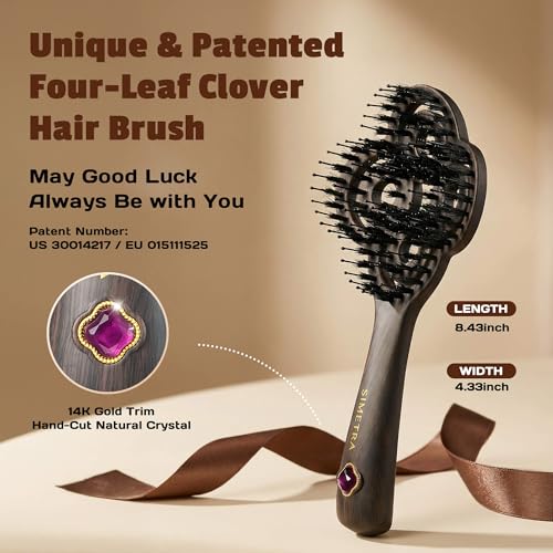 SIMETRA Lucky Hair Brush for Women & Men, 14K Gold Plated Wet Brush Detangling Brush for All Hair Types, Natural Crystal Inlay Boar Bristle Hair brush, Curly Detangler HairBrush for Scalp Massage Gift — view 3