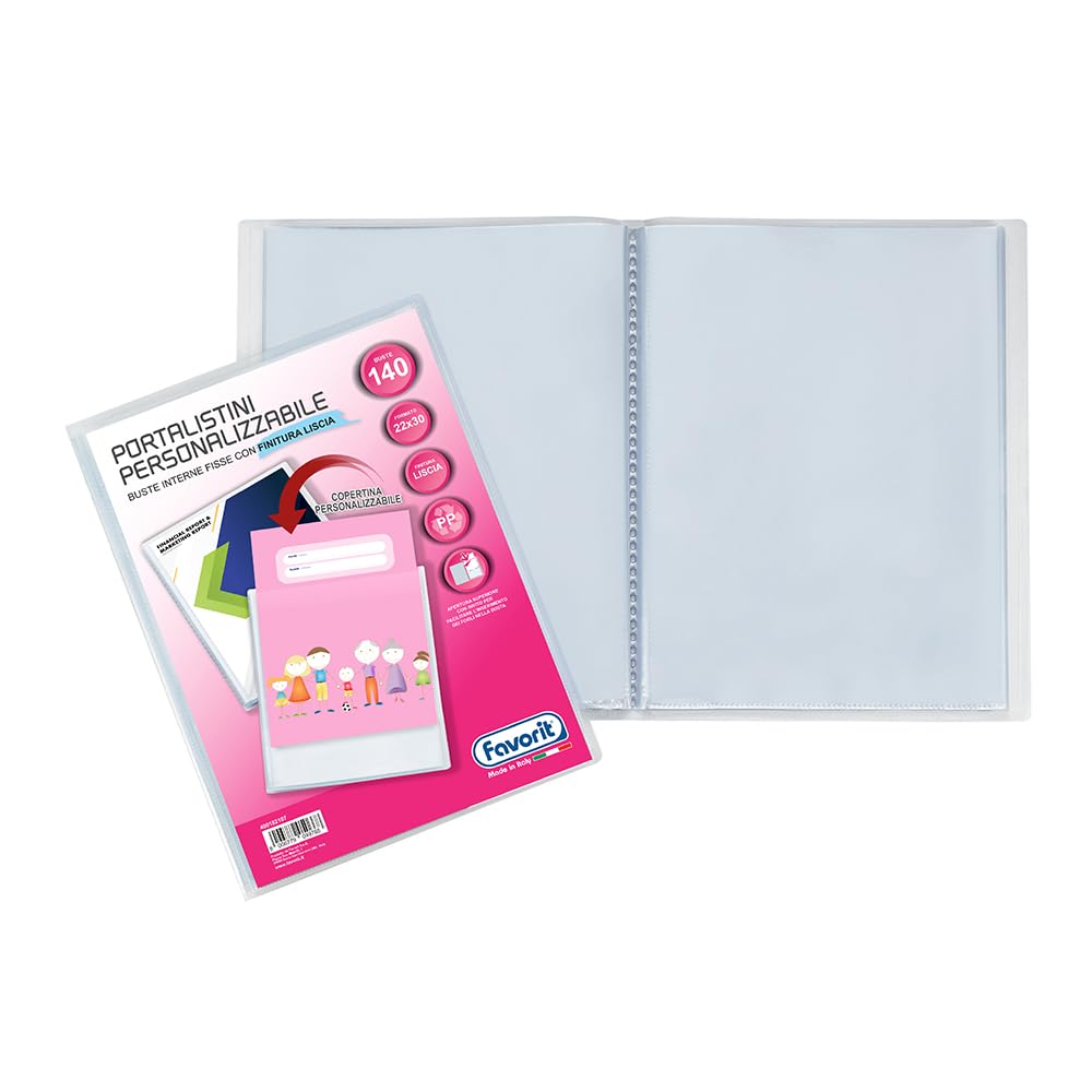 FAVORIT Display Book with Fixed Envelopes and Front Pocket Customisable for Sheets 140 Envelopes, 22 x 30 cm, Transparent