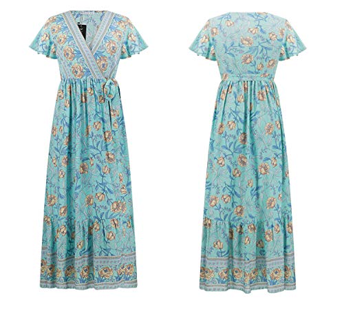 Image of R.Vivimos Women's Summer Short Sleeve Floral Print Bohemian Beach Waist Tie Wrap Long Flowy Dress with Slit