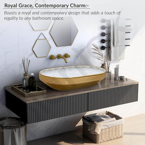 Image of Plantex Ceramic Wash Basin /Designer Hand Wash Sink for Bathroom /Oval Tabletop Washbasin /Countertop Vessel Sink for Home /Office (24x16x5 inch - Gold & White)