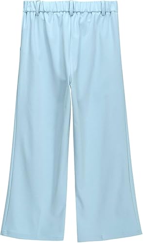 Girls Linen Palazzo High Elastic Waist Casual Trousers Straight Wide Leg Pants Business Lounge Y2k(Light Blue,9-10 Years)