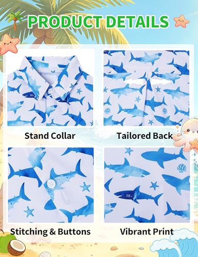 Image of Boys Hawaiian Shirt Kids Button Down Aloha Beach Hawaii Tops 5-14Y | Quick Dry, Breathable, Cooling & Lightweight, For Summer Vacation Holiday, Fourth of July, Youth, Teen, Shark, Dinosaur