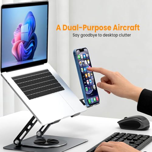 Image of PLIXIO Adjustable Laptop Stand with Phone Stand and 360 Rotating Base Tabletop Ergonomic Foldable Portable Holder Compatible for MacBook, HP, Dell, Lenovo & All Other Notebook (Grey)