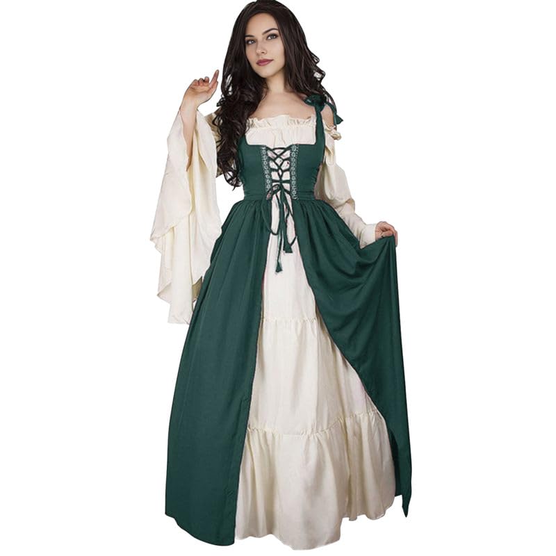 Runstarshow Renaissance Dress Women Medieval Peasant Costume Halloween Outfits Victorian Style Lace Up Corset Dress with Bell Sleeves Plus Size S-5XL / UK 8-22