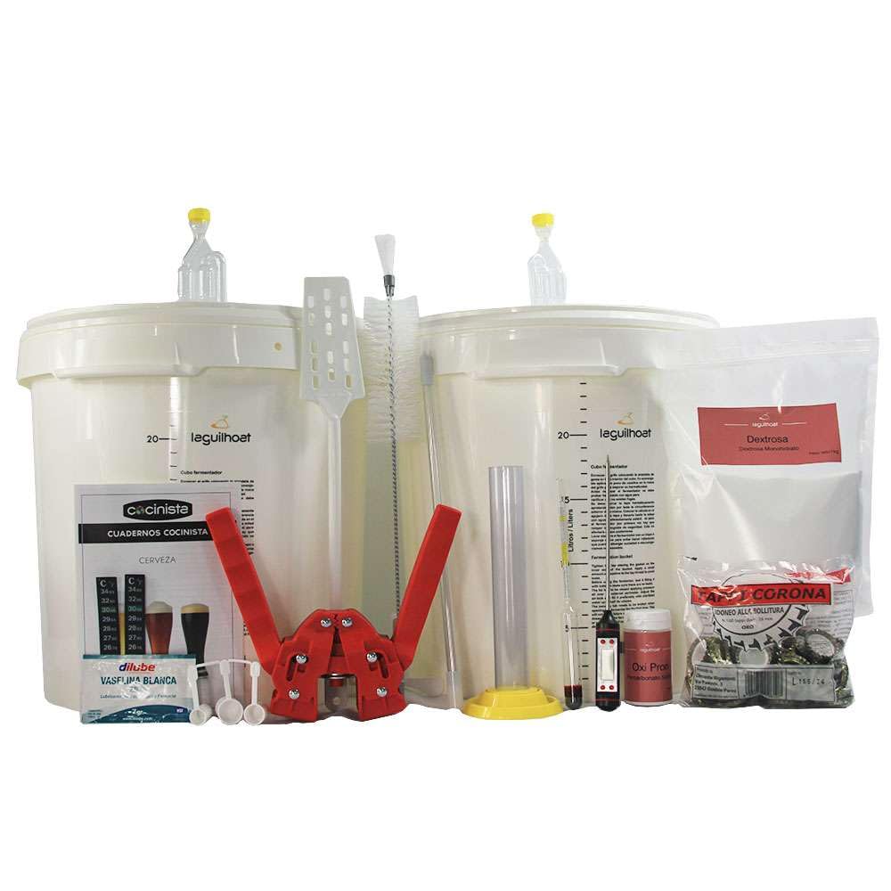 Cocinista Kit elaboración Cerveza artesana en casa De Luxe con 2 fermentadores 30 L, Grifo, airlock, densímetro, termómetros, chapadora y Accesorios para fermentar y embotellar