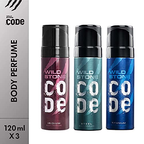Image of WILD STONE CODE Iridium, Steel & Titanium No Gas Body Perfume Spray Combo For Men, Pack Of 3 (120 Ml Each)