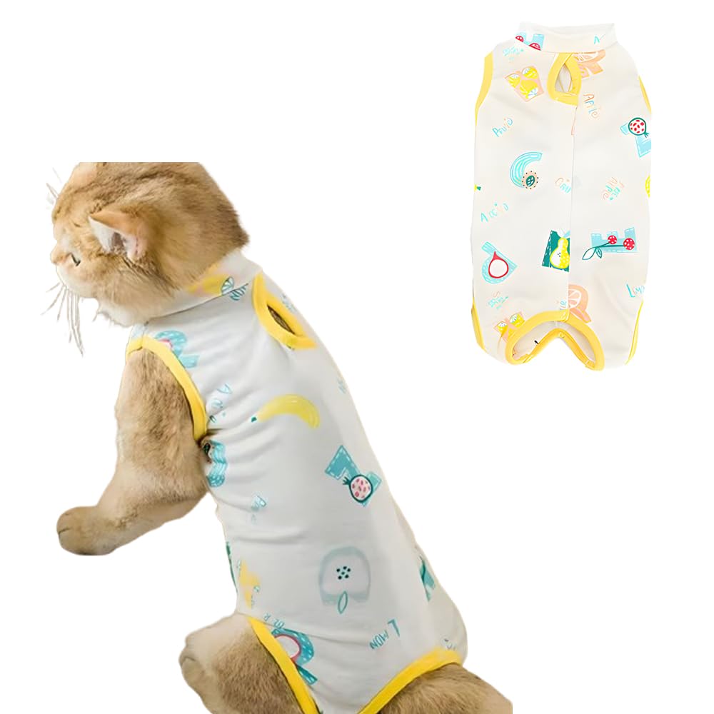 BSLVWG Cat Recovery Suit,Cute Pattern Breathable Cat Onesie for Cats After Surgery Female，Cone of Shame Alternative for Cats Anti Licking,Post-Surgery or Skin Diseases Protection (Yellow, XL)