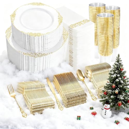 YOUBET 700PCS Gold Plastic Dinnerware Set - White and Gold