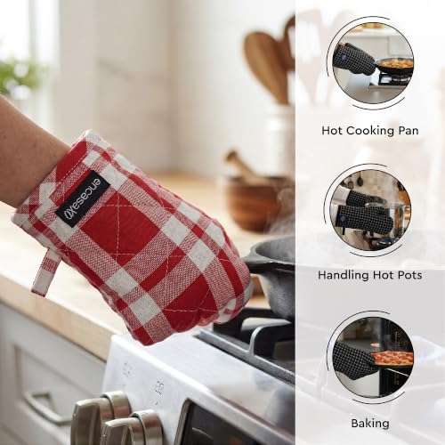 Image of Encasa XO 100% Cotton Apron Set for Women & Men with Adjustable Apron, Oven Gloves & Pot Holder (Pack of 3) Combo, Heat-Resistant, Soft & Durable for Cooking, Baking & Grilling (Franca Red Checks)