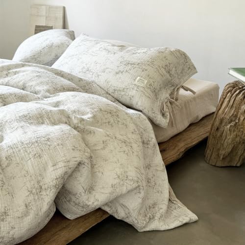Image of VM VOUGEMARKET Beige Ink Bamboo Print Double Layer Cotton Duvet Cover Set Twin,Natural Crinkled Cotton Muslin Bedding Set,Vintage Oriental Botanical Comforter Cover with Bow Ties