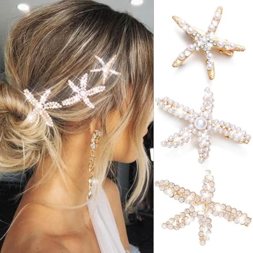 CAKURE Starfish Hair Clip Gold Seashell Hair Clips Mermaid Hair Accessories for Women and Girls (Pack of 3) (a-gold)