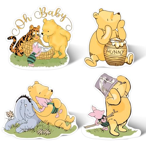 4-Piece Classic Winnie Baby Shower Decorations, Large Bear Cutouts Signs with Stakes, Outdoor Lawn Party Decor, Party Decoration Signs for Yard Home Lawn Patio Garden