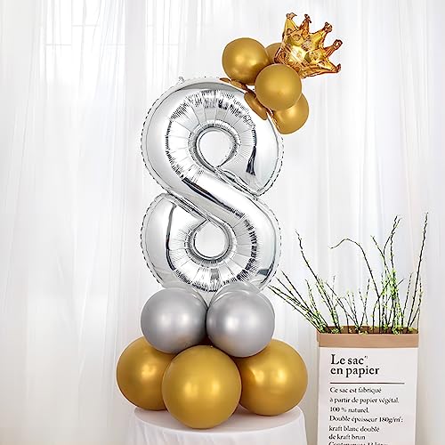 Image of 40 Inch Silver Number Balloons, Helium Mylar Foil Number Balloons for Birthdays, Number 8 Balloon for Party Wedding Bachelorette Birthday Bridal Shower Graduation Anniversary Celebration Party Decorations Supplies