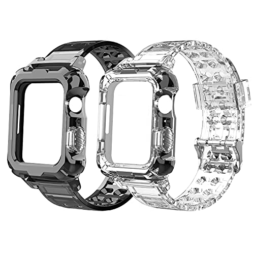 Bands Compatible with Apple Watch Band 38mm 40mm 41mm 42mm 44mm 45mm for Watch Series SE 6 5 4 3 2 1, Silicone Band Sport Replacement Strap for women men (Transparent & Black (2 Pack), 42/44/45mm) Bands Compatible with Apple Watch Band 38mm 40mm 41mm 42mm 44mm 45mm for Watch Series SE 6 5 4 3 2 1, Silicone Band Sport Replacement Strap for women men (Transparent & Black (2 Pack), 42/44/45mm)