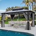 YITAHOME 12x14FT Polycarbonate Gazebo Double Roof Canopy Outdoor with Netting and Shaded Curtains, Aluminum Frame Hardtop Garden Tent for Patio, Backyard, Deck and Lawns, Gray