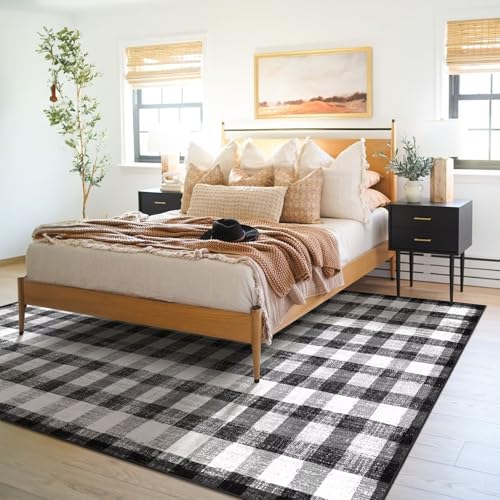 Image of Checkered Area Rug, 5x7, Black and White | Washable, Non Slip, Modern Neutral, For Living Room Bedroom Office Patio Dining Room