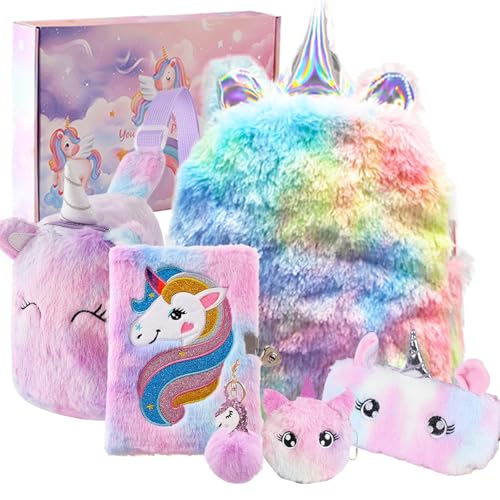 Girls Unicorn Toys Easter Gifts for Age 4 5 6 7 8 9 10 Year Old Kids Valentines Gifts Unicorn School Study Supplies Mini Toddler Backpack/Pencil Case/Crossbody Bag/Purse/Diary with Lock