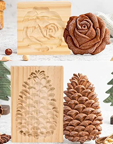 Ouhoe Cookie Cutter Embossing Mold,Pine Cone & Rose 2Pc Funny Wooden Cookie Stamps For Baking,Gingerbread Mold,Pine Cone Mold,Baking Moulds. (Pine Cone & Rose), 10 X 10 X 2.5Cm #TOP20
