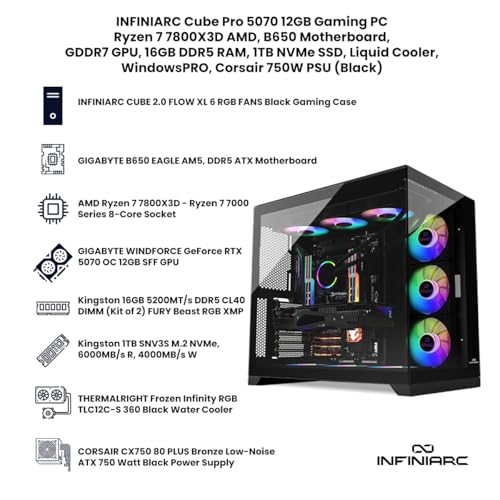 INFINIARC Cube Pro 5070 12GB Gaming PC – Ryzen 7 7800X3D AMD, B650 Motherboard, GDDR7 GPU, 16GB DDR5 RAM, 1TB NVMe SSD, Liquid Cooler, Windows PRO, Corsair 750W PSU (Black)
