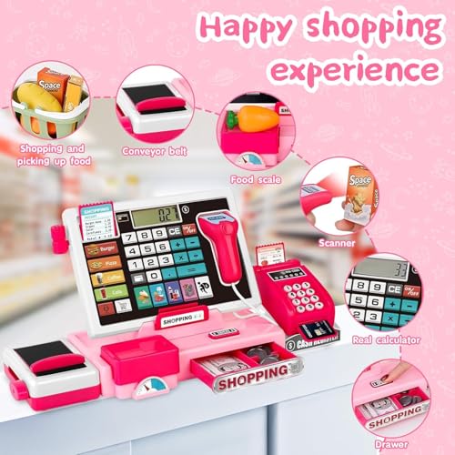 Image of DZLING Kids Cash Register Toy Playset with Real Calculator, Scanner, Credit Card, Play Money, Food, Pretend Supermarket Shopping Toy for Boys & Girls Toy for Ages 3-8