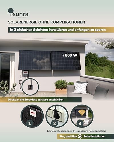 ESUNRA Create your Energy - Balkonkraftwerk 600 / 800W - Plug & Play - 2 bifaziale 430W Solarpaneele - ALL BLACK - TOPCon - Mikrowechselrichter NEP - 5m Kabel - Überwachungs-App