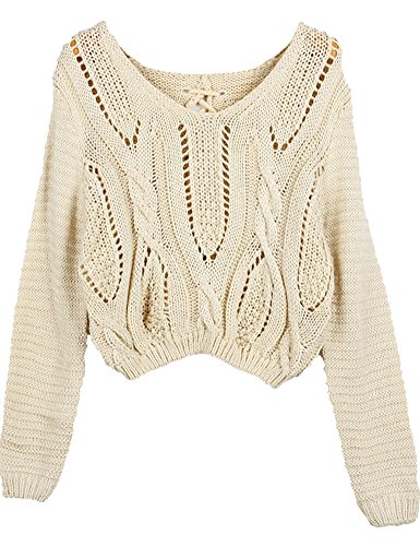 PrettyGuide Women's Long Sleeve Eyelet Cable Lace Up Crop Top Beige S