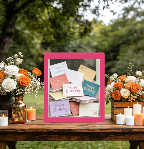 Image of SietDESEO Hot Pink Card Box for Party with Clear Window Large Gift Card Box Holder for Wedding Reception Birthday Graduation Baby Shower Raffle Ticket Box