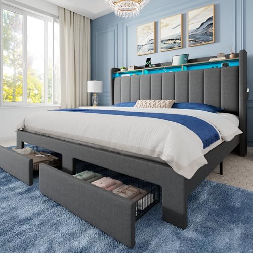 Allewie King Size Bed Frame with 2-Tier Storage Headboard & 2 Large Drawers