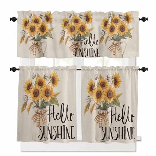 Yellow Sunflowers Kitchen Curtains 36 Inch Length,3 Piece Rod Pocket Small Half Tiers and Valance Set,Spring Blooms Botanical Garden Floral Small Large Window Treatment Decor for Bedroom/Bathroom