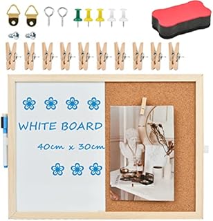 Magnetic Whiteboard Combination Cork White Board Set 40 x 30 cm Whiteboard & Cork Notice Board Combo with Magnetic Eraser, Dry Wipe Pen, Hooks, Push Pins and Push Pins with Clips for Home and Office