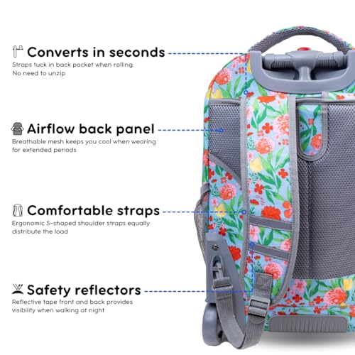 Image of J World Sundance Laptop Rolling Backpack for Girls Boys. Roller Bookbag with Wheels, 20 Inch, Flora