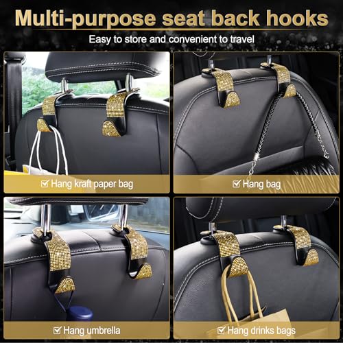 Image of LivTee Car Seat Headrest Hook, Auto Seat Hook Hangers Storage Organizer Interior Accessories for Purse Coats Umbrellas Grocery Bags Handbag, 4-Pack(Bling Gold)