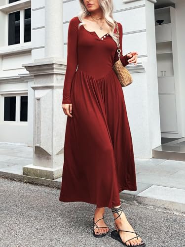 Image of Mieazom Long Sleeves Maxi Dress for Women A Line 2025 V Neck Casual Button Boho Tshirt Long Dress with Pockets