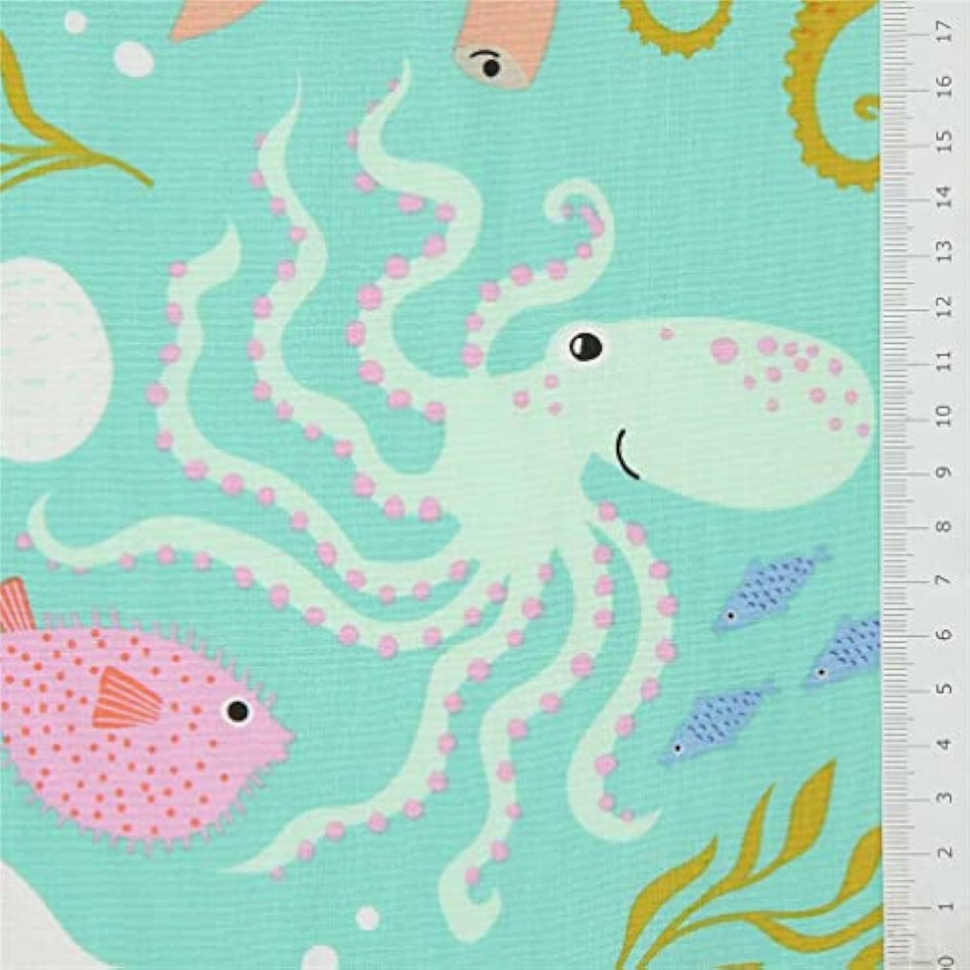 Sea Animal Fabric in Mint Green with Octopus and Whales