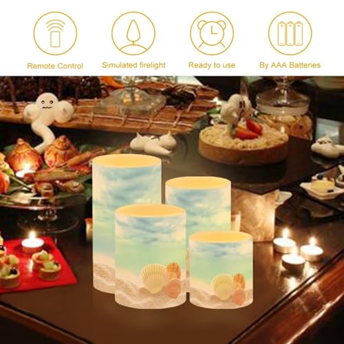 Image of Flameless Candles with Remote Control, Set of 4, Color Changing Flickering Flameless LED Pillar Candles with Battery Operated, Beach Seashell Blue Decor