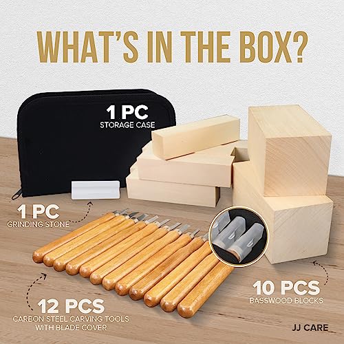 JJ CARE Wood Carving Kit, 24pcs Wood Whittling Kit with 12 SK2 Steel Carving Knives, 10 Basswood Blocks, 1 Grinding Stone & Storage Case, Gift Set for Beginners & Adults by JJ CARE - Used condition - Image 3