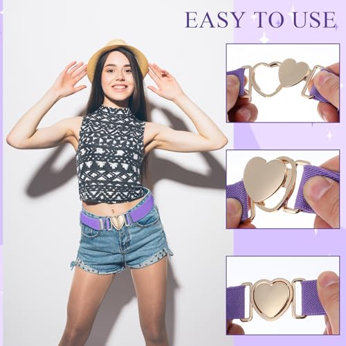 2Pcs Girls Belt, Elastic Waist Belts for Girls Adjustable Heart Buckle Stretch Belts for Pants Jeans Dress4