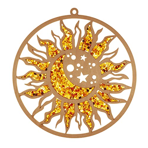 Raduly Large Suncatcher Sun Catcher Amber in Birch Wood Sun and Moon Window Decoration Diameter 20 cm Includes Suction Cup Hooks 35 mm Suitable for All Sunccatchers