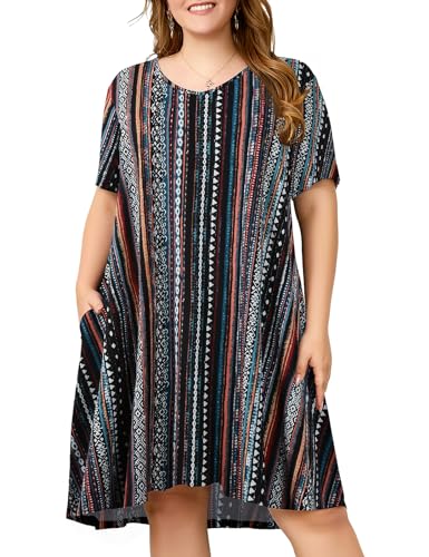 Image of OVERWORETY Womens Short Sleeve Plus Size T-Shirt Dress V Neck Casual Loose Swing A-Line Summer Tunic Dresses with Pockets