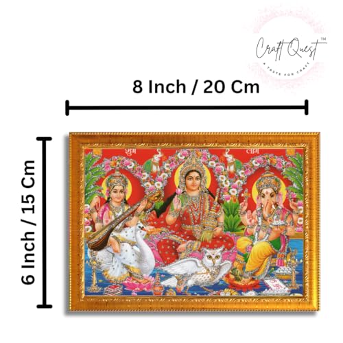 Image of CRAFT QUEST Lakshmi Devi with ganesh ji and saraswati mata Wall Painting Photo Frame for Diwali Pujan (Synthetic, Golden, Sparkle Finish, Small Size, 8 X 6 Inch)