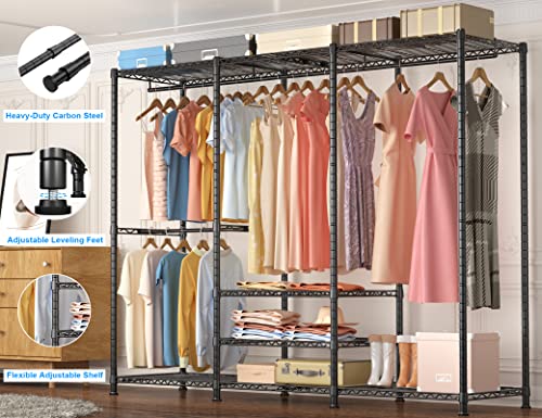 Ulif E5 Freestanding Garment Rack, Metal Heavy-Duty 3 Rows Closet Organizer And Storage System With 6 Adjustable Shelves And 4 Clothes Hanger Rods, Max Load 780Lbs, 67.9" W X 14.5" D X 77.1" H, Black #TOP3