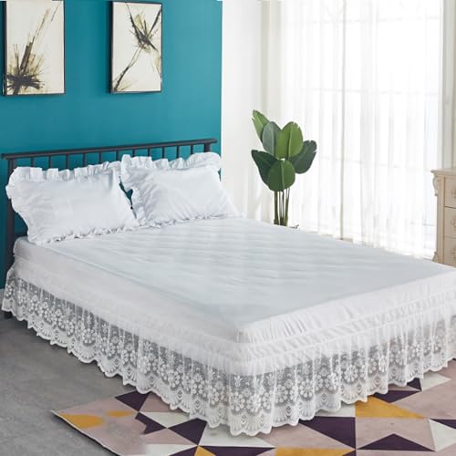 White Lace Bed Skirt for Queen Bed - 15in. Drop, Easy Fit Ruffle Bedskirt Wrap Around...