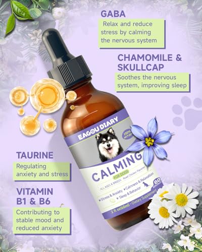 Beruhigungsmittel für Hunde – Beruhigungs-Tropfen für Hunde bei Trennungsangst, Feuerwerk, Stürmen, Bellen, Schlafhilfe, Hunde-Angstlösung mit L-Tryptophan, L-Theanin, Kamille, Vitaminen, 60 ml