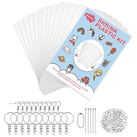 Warckon 137 Pieces Shrink Plastic Sheet Kit Include 12 PCS Shrinky Art Paper with 125 PCS Keychains Accessories for Kids Creative Craft Cover