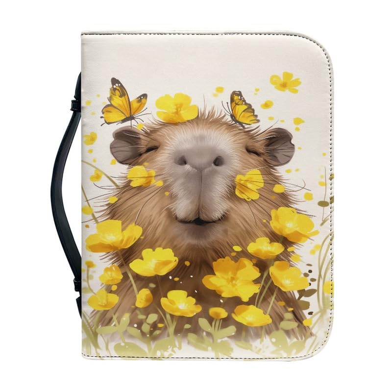 Kuiaobaty Capybara Flowers Book Cover Bag with Pockets, Watercolor Animal Floral Leather Book Case Zipper for Novel, Bible 4 Size Large 2XL,2XL — image 1