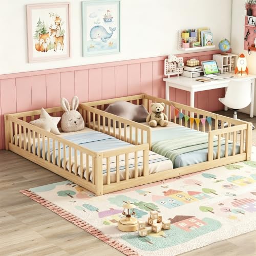 DNYN Twin Size Double Montessori Floor Bed for Boys and Girls Bedroom Solid Wood Bedframe w/Fence Design Easy Assemble & Super Save Space & No Box Spring Needed Natural